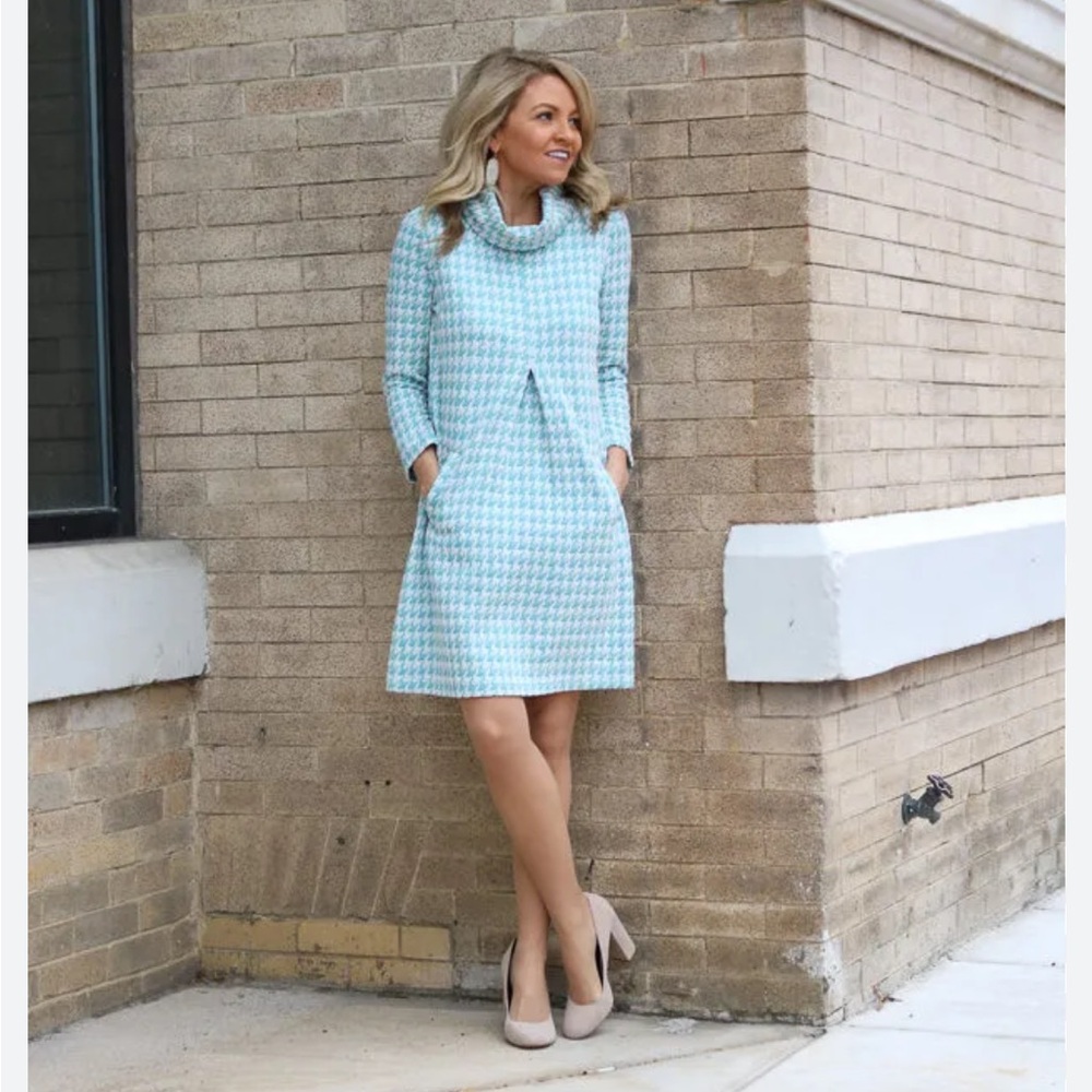Blue Houndstooth Dress Tyler Boe S NEW Spring Turquoise White Crew Jackie O 60's